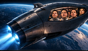 The Elon crew taking off in a spaceship