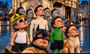 The Elonfication meme family in a futuristic city